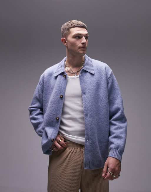 Cárdigan azul abotonado de punto de Topman