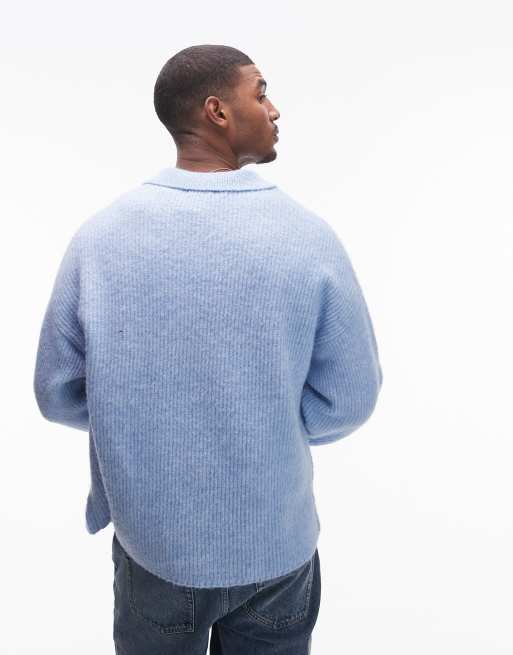Cárdigan azul claro holgado con cuello de solapas de tejido cepillado de Topman, 2 de 4