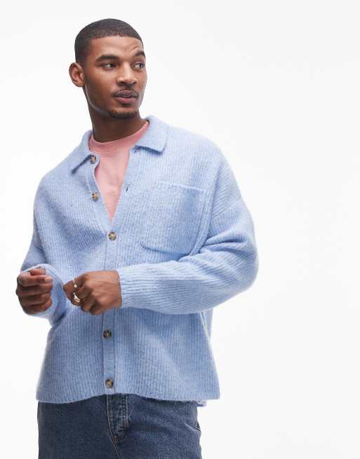 Cárdigan azul claro holgado con cuello de solapas de tejido cepillado de Topman, 4 de 4