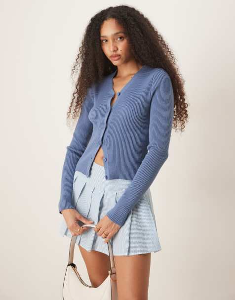 Cárdigan azul con cuello de pico de punto acanalado de ASOS DESIGN - view 1