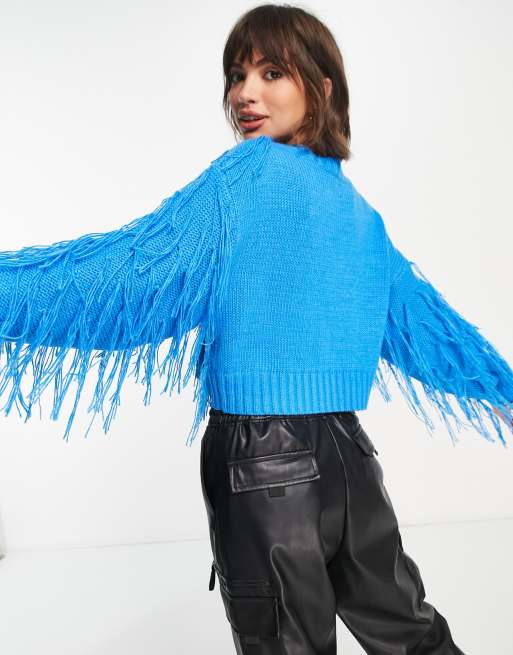 Cárdigan azul con cuello de pico y flecos en toda la prenda de ASOS DESIGN, 3 de 4