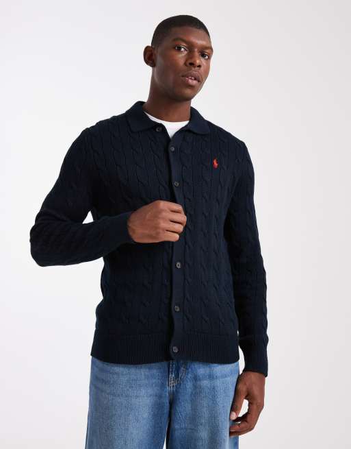 Cárdigan azul marino con cuello tipo polo y logo de icono de punto de ochos de algodón de Polo Ralph Lauren