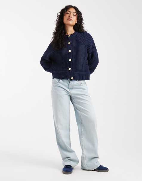 Cárdigan azul marino con mangas raglán de punto inglés acanalado de ASOS DESIGN - view 1
