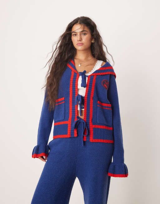 Cárdigan azul marino con solapas de estilo marinero y lazada delantera de Neon Rose (parte de un conjunto)