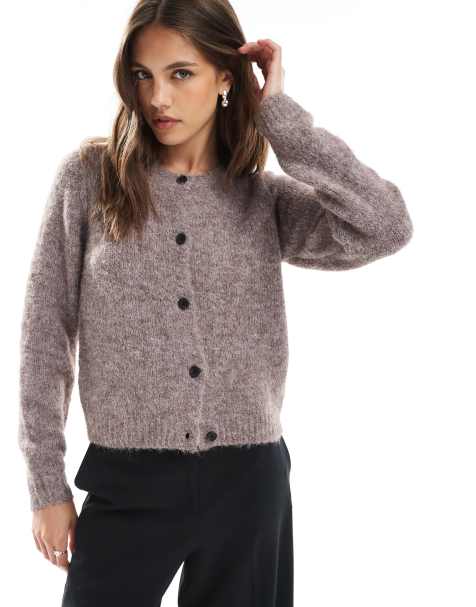 Cárdigan beis fósil melange con cuello redondo de punto mullido suave de Vero Moda - view 1