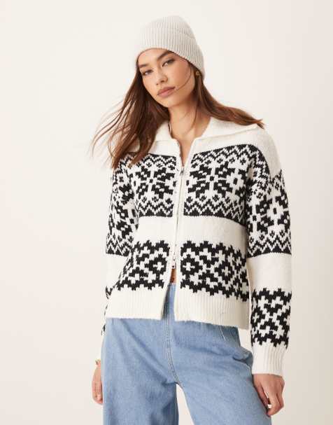 Cárdigan blanco con cremallera y diseño de grecas alpinas de New Look - view 1