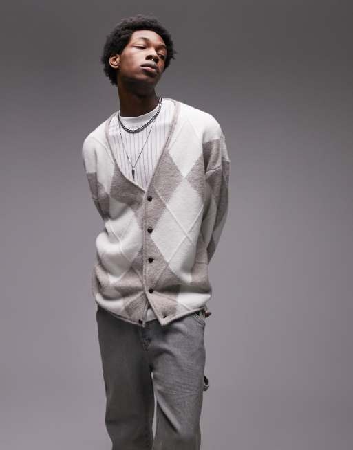 Cárdigan blanco con diseño de rombos de Topman