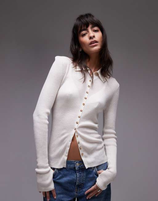 Cárdigan blanco entallado con solapas y aberturas para los pulgares de punto fino de mezcla de lana de merino de & Other Stories