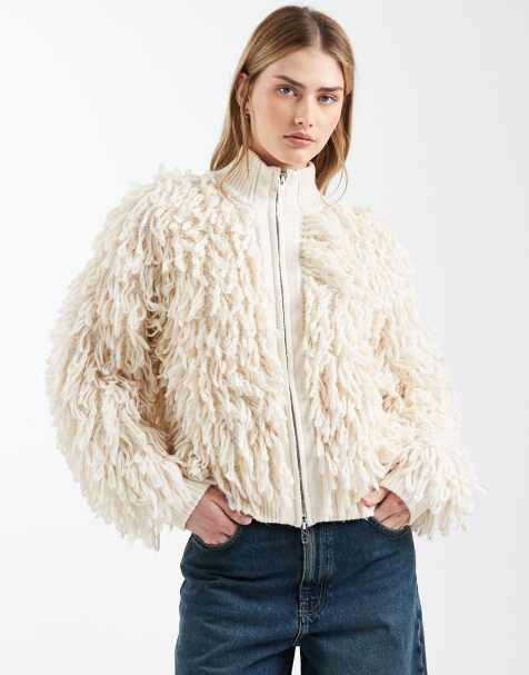 Cárdigan blanco malvavisco con cremallera y cuello subido de bouclé de ASOS DESIGN - view 1