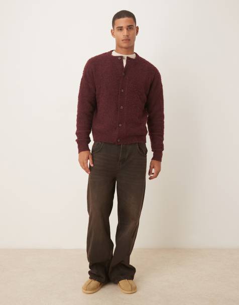 Cárdigan burdeos holgado con cuello redondo de punto de bouclé de ASOS DESIGN - view 1