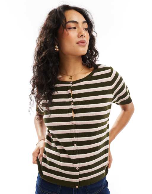 Cárdigan caqui de manga corta a rayas retro de punto de ASOS DESIGN