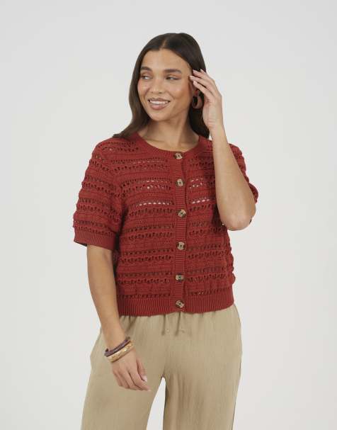 Cárdigan color ámbar de manga corta con cuello redondo de punto pointelle de Brave Soul - view 1