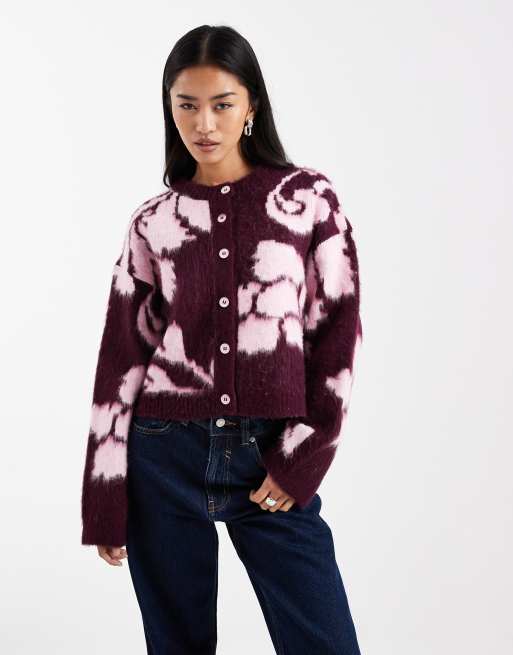 Cárdigan color ciruela con diseño floral de punto cepillado de ASOS DESIGN