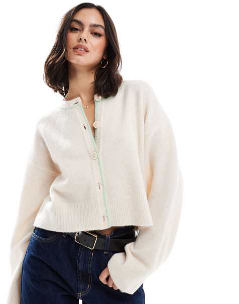 Cárdigan color crema con cuello redondo y detalle de ribetes de ASOS DESIGN - view 1