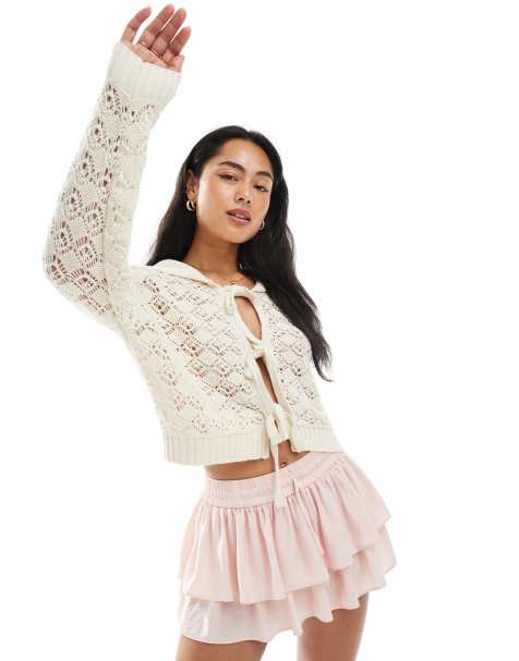 Cárdigan color crema con lazadas de pointelle de Miss Selfridge - view 1