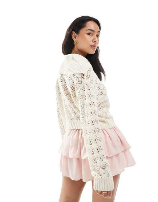 Cárdigan color crema con lazadas de pointelle de Miss Selfridge, 4 de 4