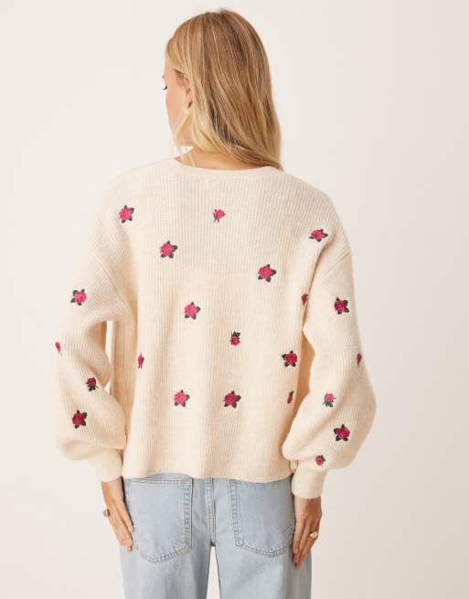 Cárdigan color crema con puños globo y rosas bordadas de YAS , 4 de 4