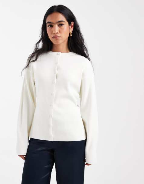 Cárdigan color crema estructurado con cuello redondo y botones revestidos de punto de ASOS DESIGN - view 1