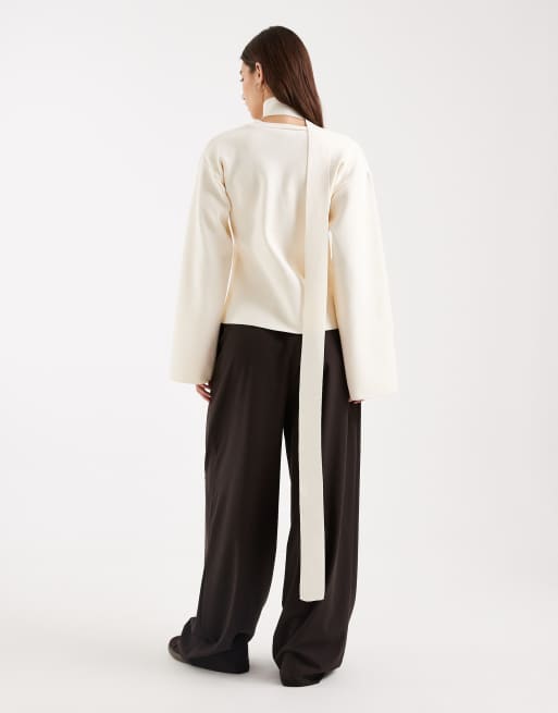 Cárdigan color crema estructurado con fular de punto de ASOS DESIGN, 3 de 4