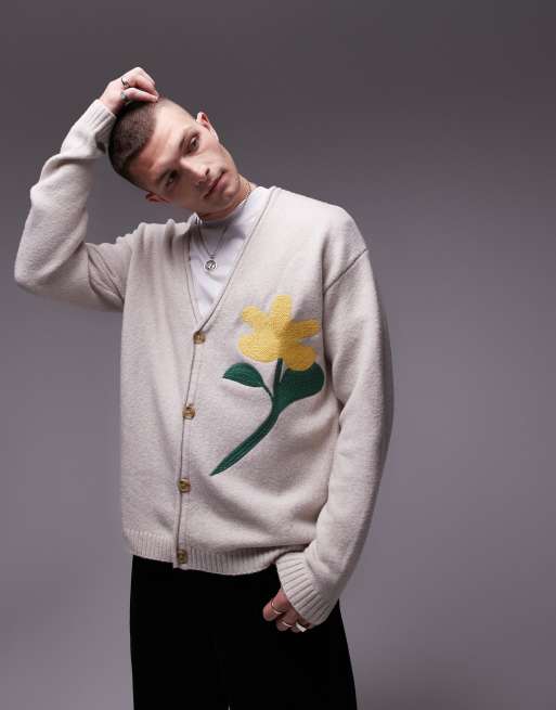 Cárdigan color crudo con bordado de flor de Topman
