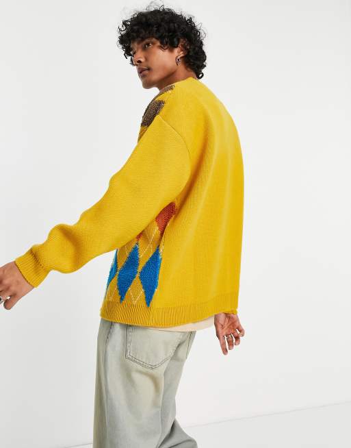 Cárdigan color mostaza con estampado de rombos de tejido mullido de ASOS DESIGN, 3 de 4
