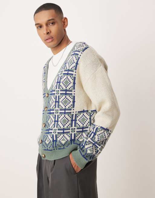 Cárdigan color piedra de corte cuadrado holgado con patrón de punto de ASOS DESIGN