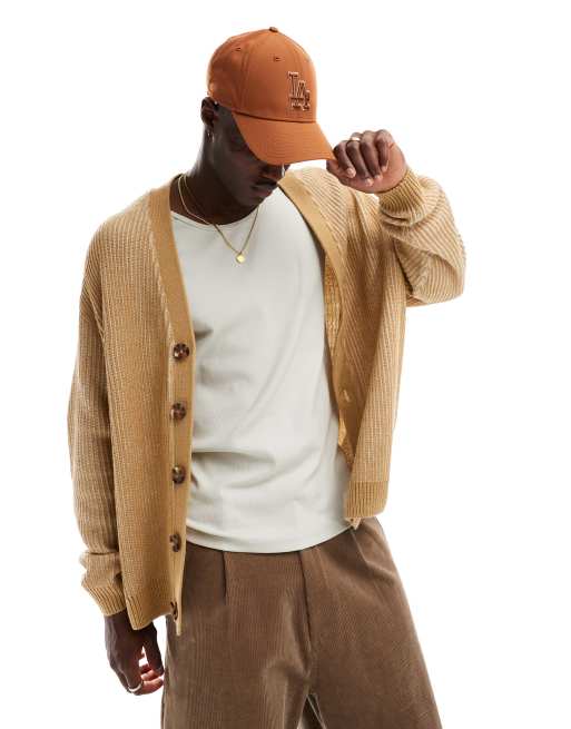 Cárdigan color piedra extragrande de punto inglés acanalado de ASOS DESIGN
