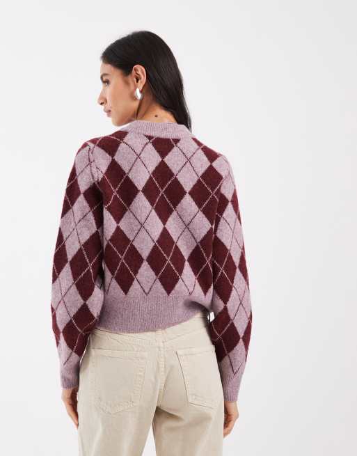 Cárdigan corto rosa y burdeos con estampado de rombos de punto de Vero Moda, 3 de 4