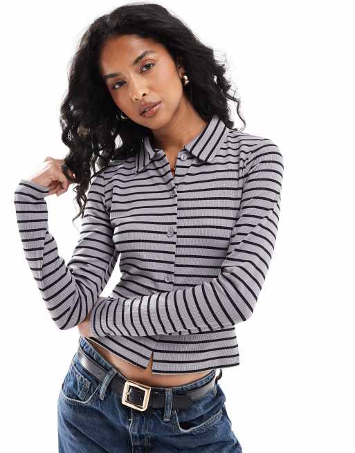 Cárdigan gris a rayas con cuello tipo polo de ASOS DESIGN