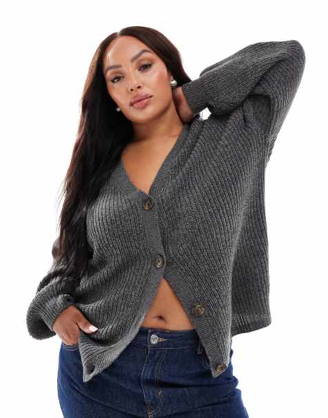 Cárdigan gris asfalto abotonado de canalé grueso de Vero Moda Curve - view 1