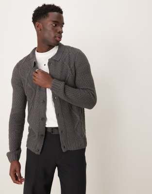 Cárdigan gris carbón con solapas de punto de ochos de ASOS DESIGN - view 1