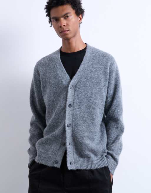 Cárdigan gris carbón extragrande con cuello de pico de Topman, 2 de 5