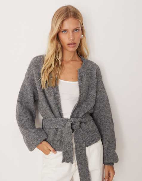 Cárdigan gris carbón extragrande con lazada en la cintura de punto de mezcla de lana de ASOS DESIGN - view 1