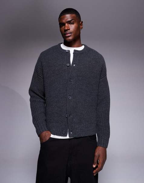 Cárdigan gris carbón jaspeado de corte cuadrado extragrande con cuello redondo de punto grueso de ASOS DESIGN - view 1