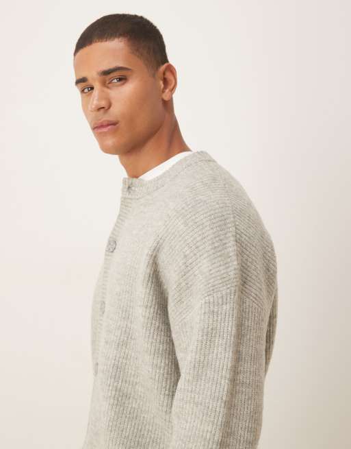 Cárdigan gris extragrande con cuello redondo de punto inglés de mezcla de lana de ASOS DESIGN, 4 de 5