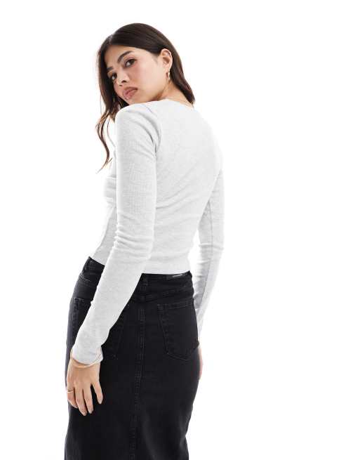 Cárdigan gris jaspeado abotonado con cuello redondo de canalé de Miss Selfridge, 3 de 4