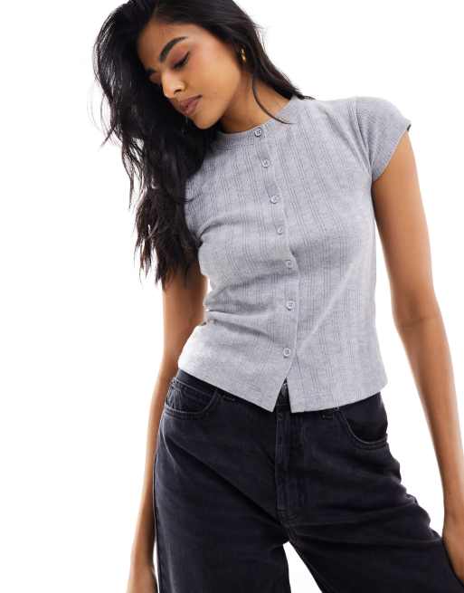 Cárdigan gris jaspeado con diseño encogido de pointelle de ASOS DESIGN