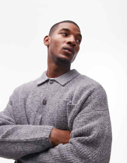 Cárdigan gris jaspeado holgado con cuello de solapas y acabado cepillado de Topman, 2 de 5