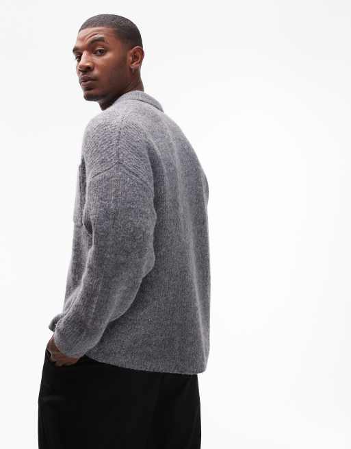 Cárdigan gris jaspeado holgado con cuello de solapas y acabado cepillado de Topman, 4 de 5
