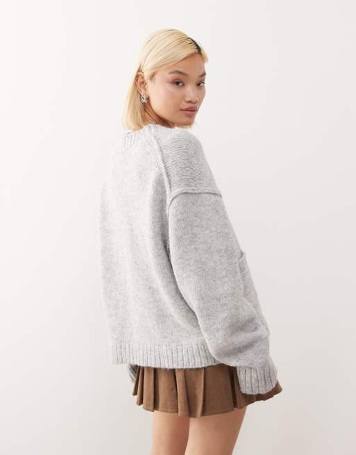 Cárdigan gris melange holgado con cuello de pico de mezcla de lana de Weekday, 3 de 4