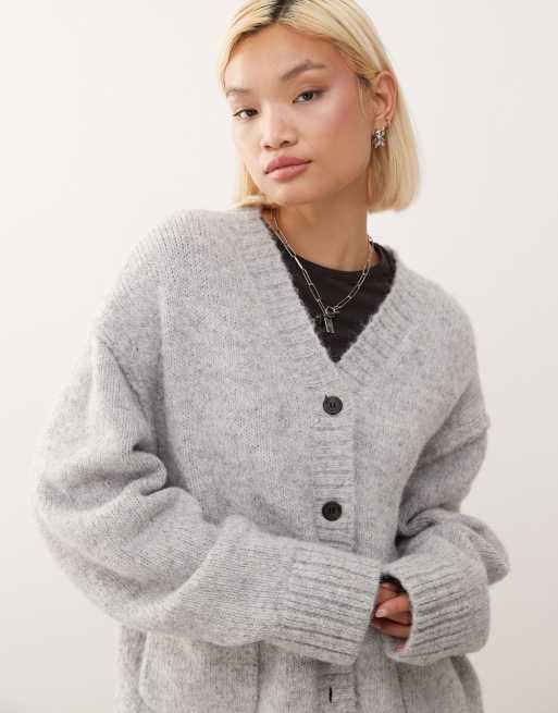 Cárdigan gris melange holgado con cuello de pico de mezcla de lana de Weekday, 4 de 4