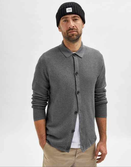 Cárdigan gris oscuro con solapas y botones de mezcla de algodón de Selected Homme