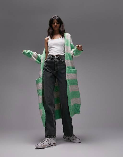 Cárdigan largo a rayas verdes de punto de Topshop