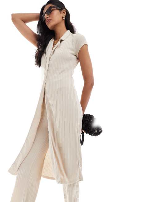 Cárdigan largo color avena de canalé de Vero Moda (parte de un conjunto)
