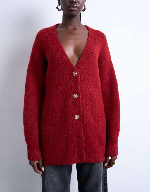 Cárdigan largo rojo de corte boyfriend extragrande de punto Easy de Topshop, 2 de 4