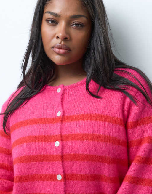Cardigan lavorato a maglia Curve a righe rosse e rosa, 2 di 4