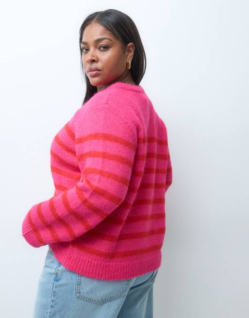 Cardigan lavorato a maglia Curve a righe rosse e rosa, 3 di 4