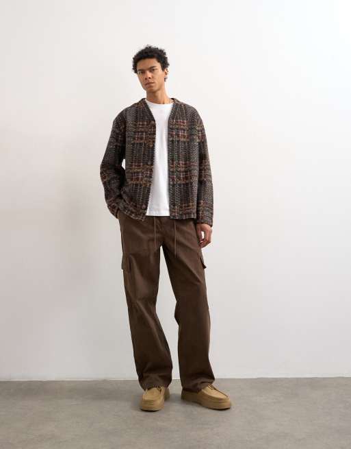 Cárdigan marrón a cuadros de tejido texturizado de mezcla de lana de Topman, 3 de 5