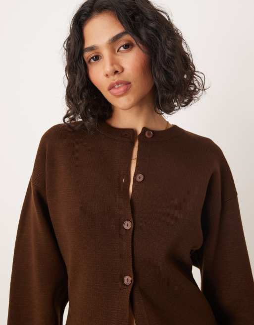 ASOS DESIGN knitted structured crew neck cardigan in dark brown