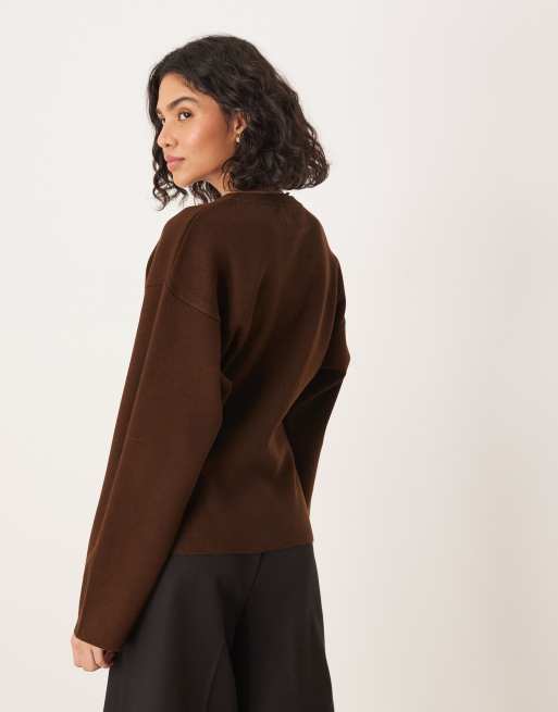 ASOS DESIGN knitted structured crew neck cardigan in dark brown
